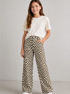 Tween Diva Wide Leg Denim Checkered Print Size 12 Girls Pants